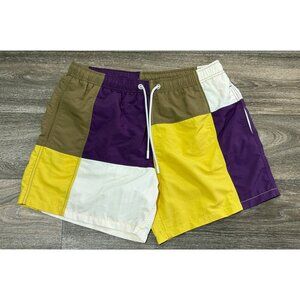 ZARA MENS SWIM TRUNKS SHORTS SIZE L PATCH MULTICOLOR LINED MESH ELASTIC WAIST